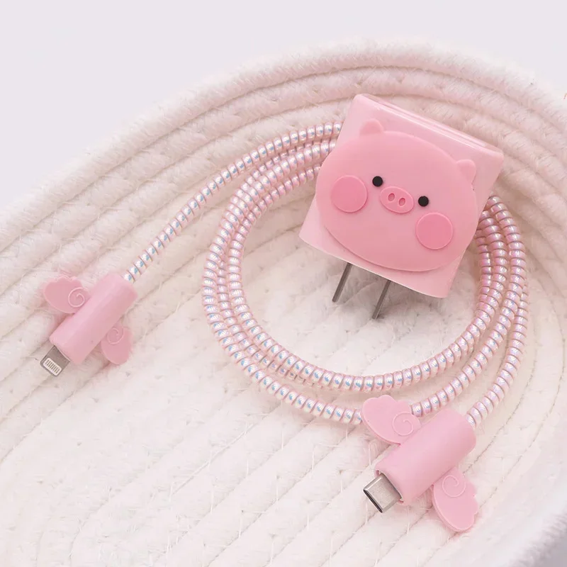 Korea Cute Pink 3D Pig + Pig Storage Bag Charger Cover For IPhone 11 12 13 14 15 18W-20W Charge Correa Protection Cover Sleeve