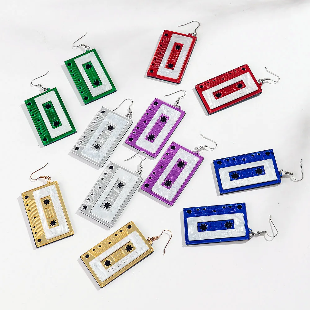 Colorful Mirror Big Cassette Tape Acrylic Earrings for Women Vintage Square Record Long Drop Earring Personalized Jewelry Gifts