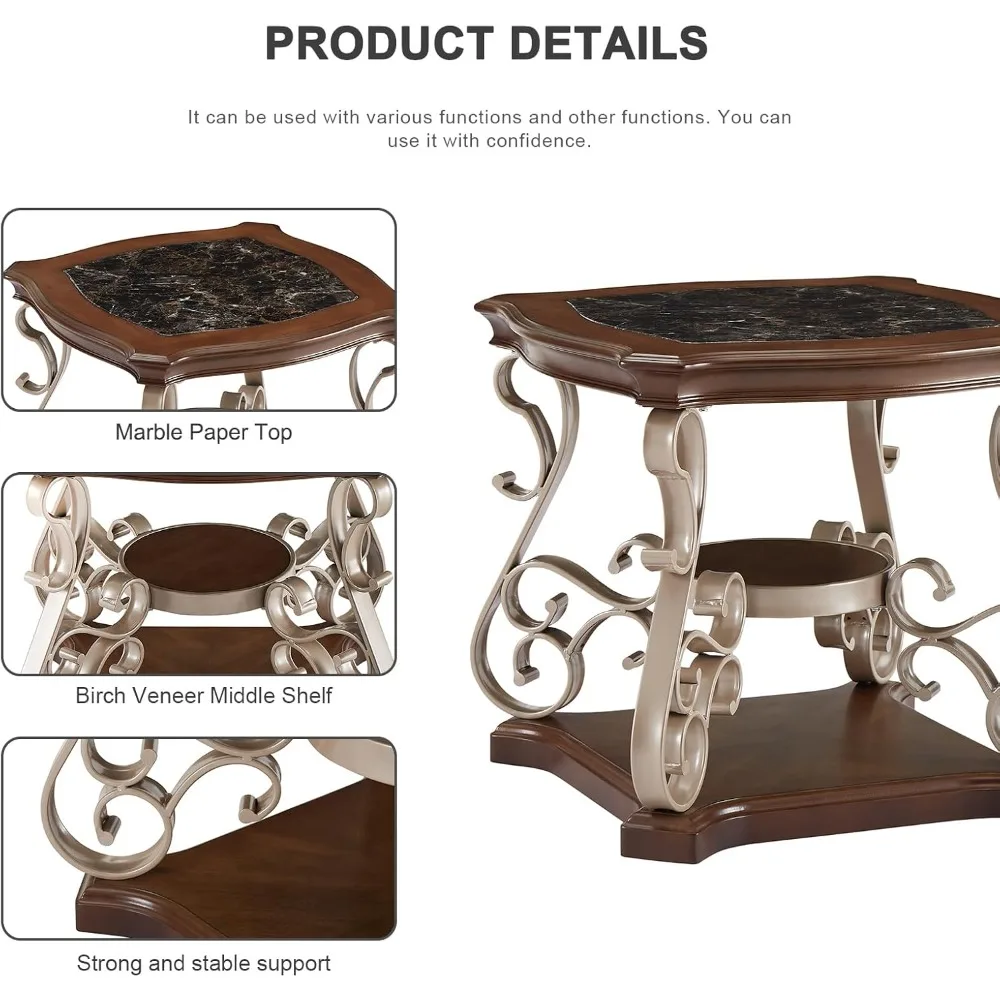 Large 26.2 Two-Tier Square Marble Top Coffee Table with Birch Shelf and Metal Legs for Bedroom Storage.