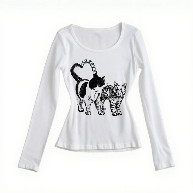 

New outdoor autumn and winter flower fish print emo casual hanging collar off shoulder fake two-piece set long sleeved shirt