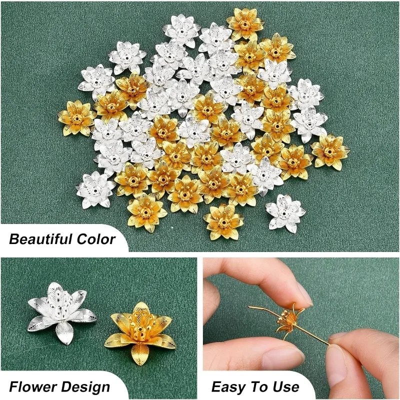 48Pcs 2 Colors 3D Brass Bead Caps 16x6.5mm Multi-Petal Flower Brass Bead Caps Filigree Spacer Bead for Bracelet Necklace