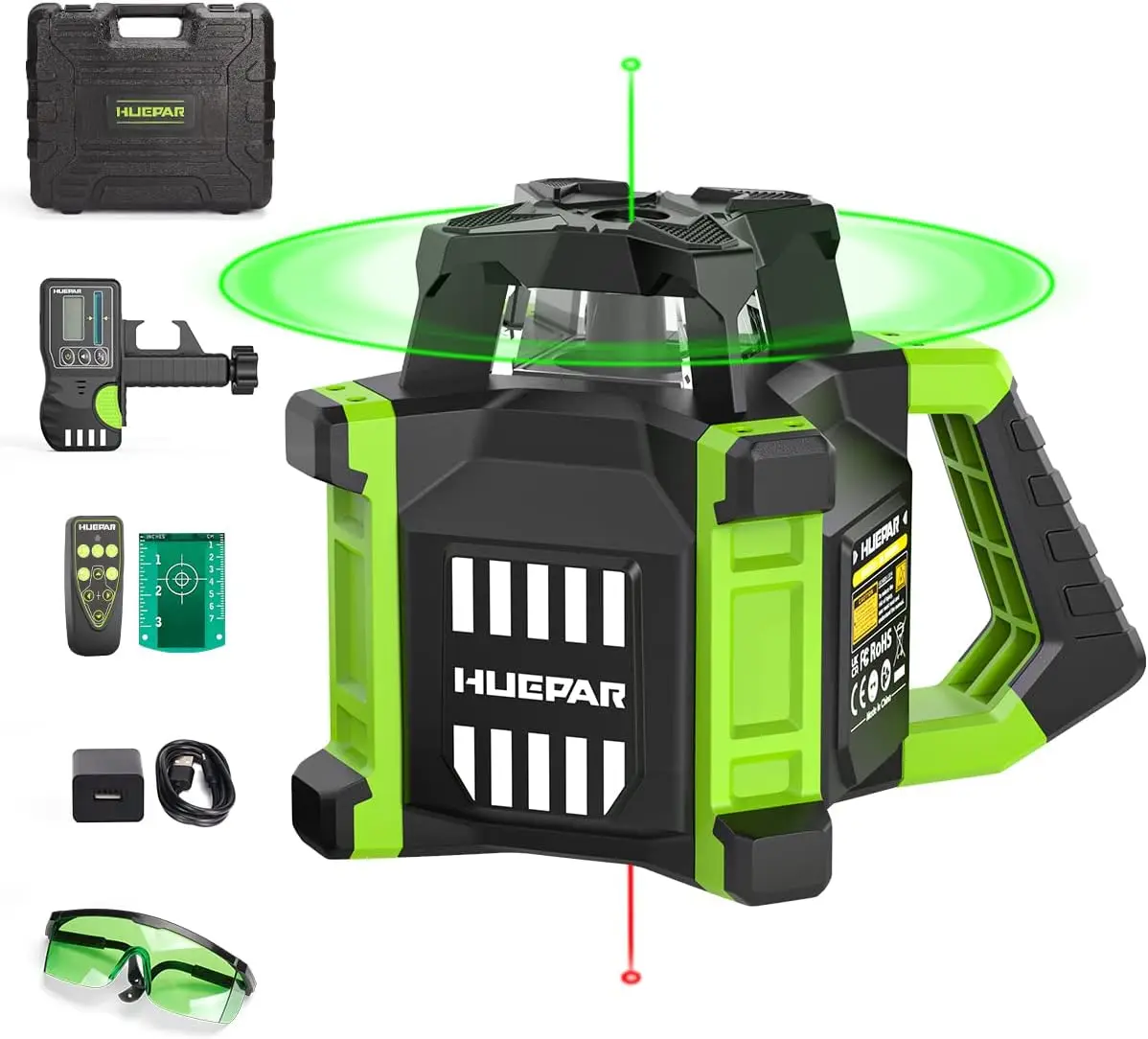 Green Rotary Laser Level + Plumb Points, Self-Leveling Horizontal/Vertical Rotary Laser Kit 800M W/Goggles, Re