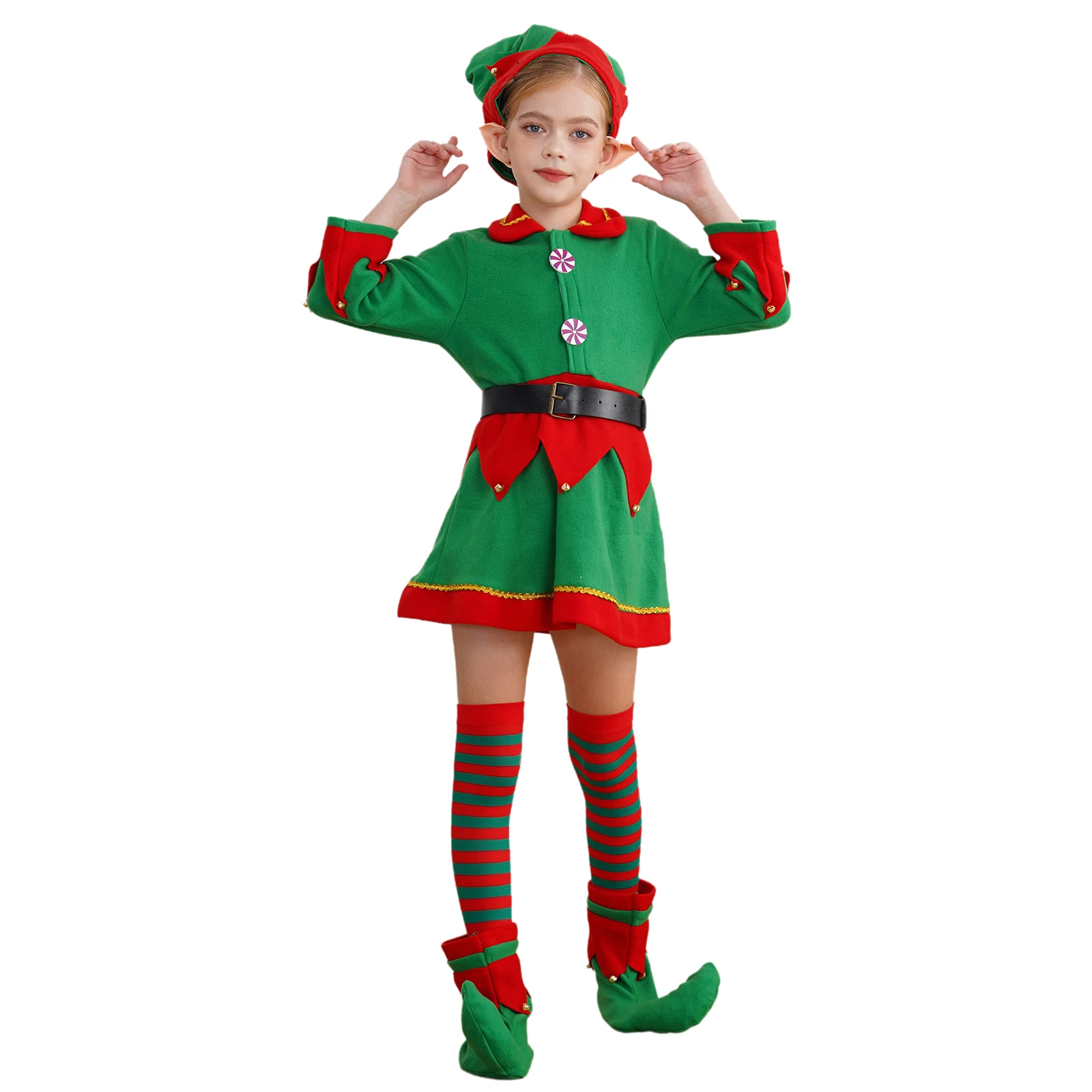 6 Stücke Kinder Mädchen Weihnachtsfeier Fee Elf Rollenspiel Kostüm Kleid mit Hut Silikon Elfenohren Gürtel Strümpfe Und Schuhe Anzüge