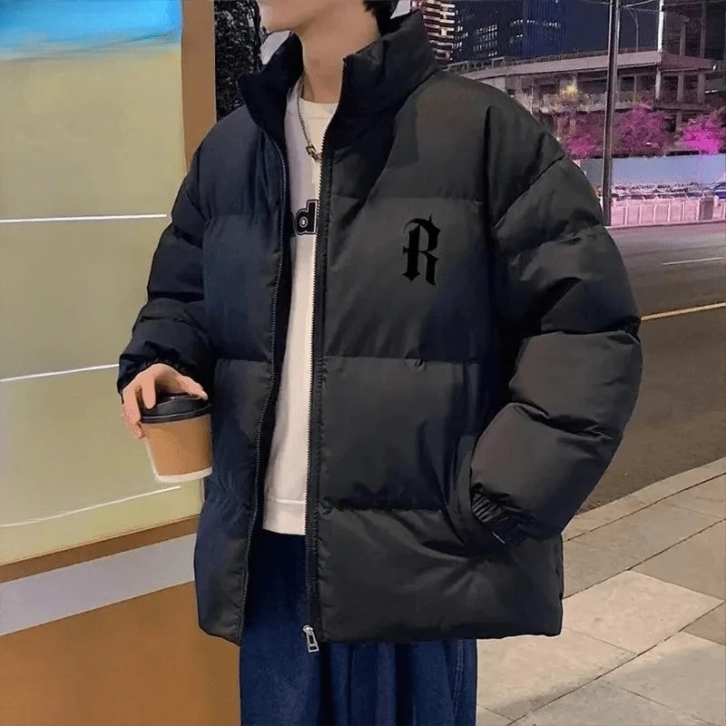 

2025 Men's No Hood Loose Fit Cotton Jacket​ Japanese Minimalist Print Outerwear Versatile Streetwear Winter Coat for Tall Men