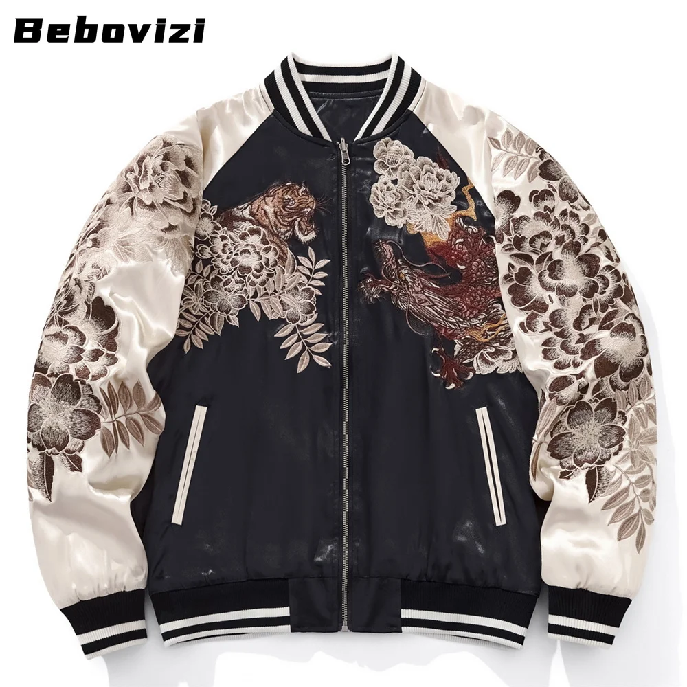 Harajuku Yokosuka Dragon and Tiger Flowers Embroidered Zipper Jacket Autumn Street Hip Hop Men's Japanese Baseball Coat