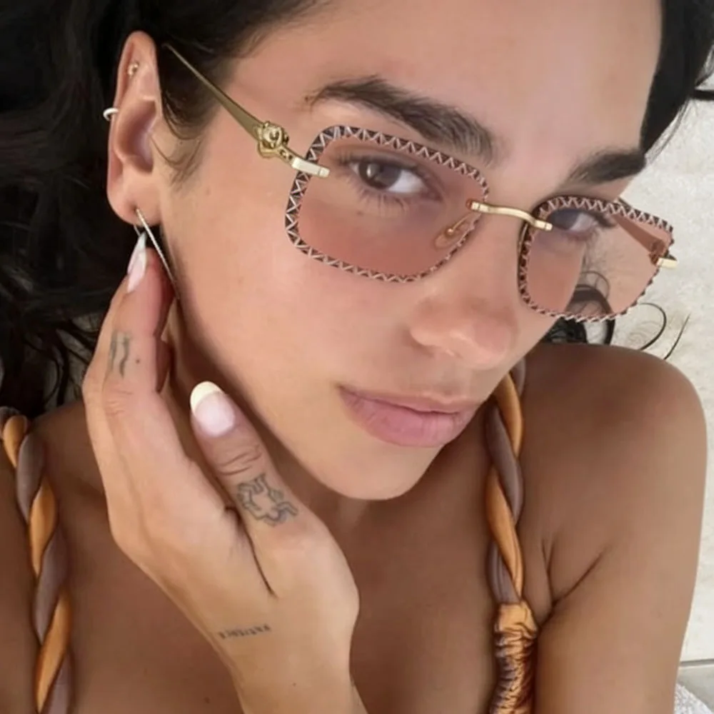 Y2K Rimless Luxury Sunglasses Women For Men Vintage Brand Designer Punk Sun Glasses Diamond Cutting Lens New Leopard Head Shades