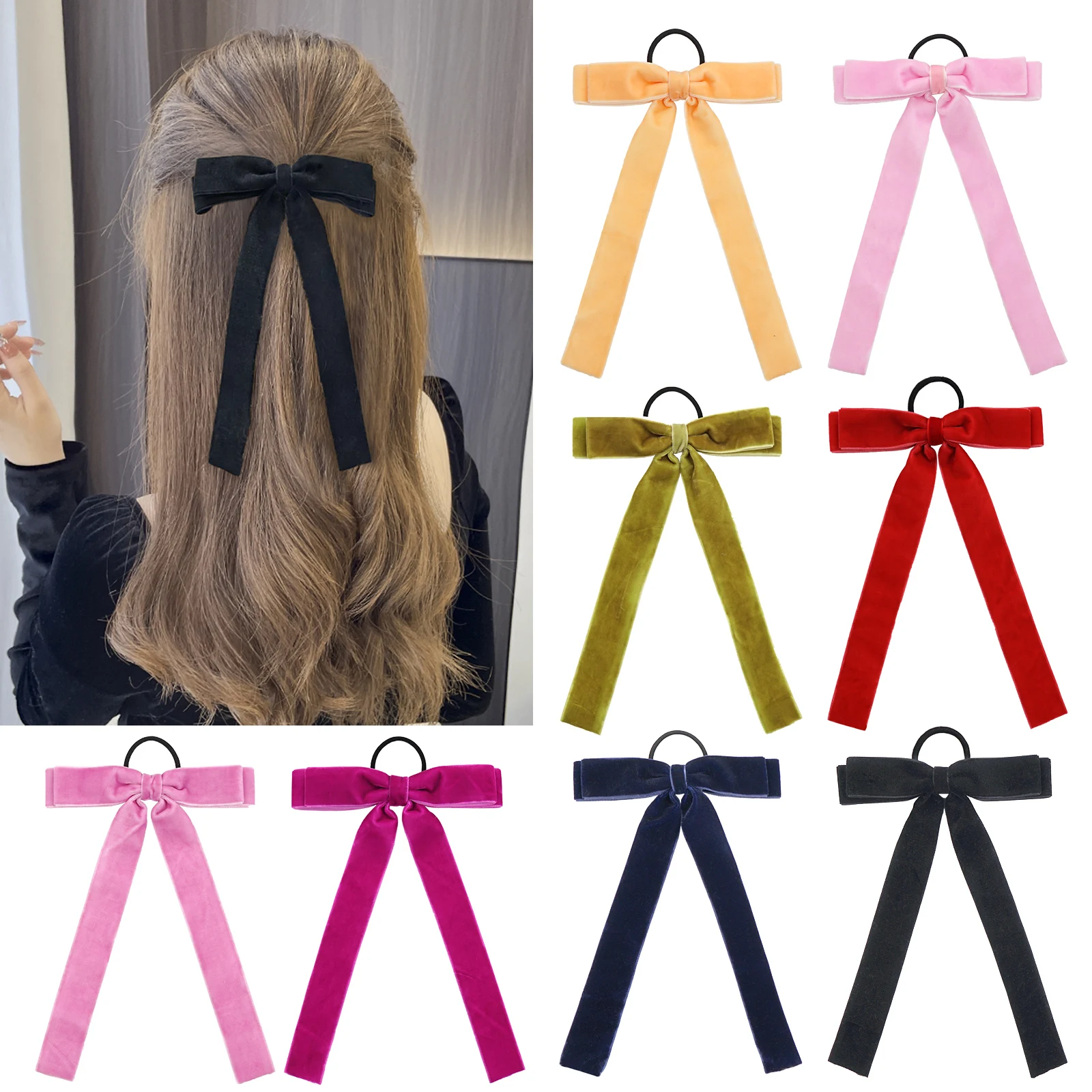 

Velvet Cheer bow Large Big Bow Hair Ring Knotted Cheer bow Women Ponytail Hair Ties Solid Color Rubber Band Hair Accessories