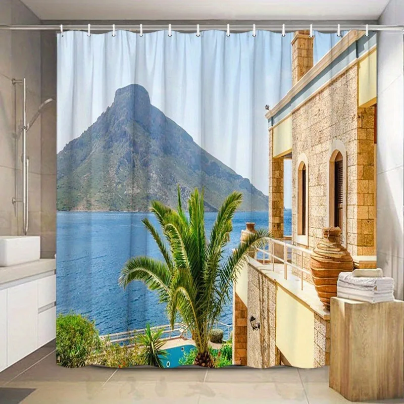 

Beachside buildings with palm trees Washable Dirt-Resistant Shower Curtain Shower Head waterproof Polyester Bath Curtain