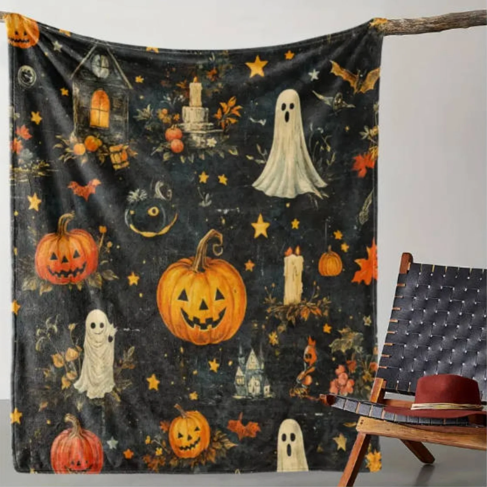 Retro Halloween Flannel Blanket - Soft And Comfortable Ghost And Pumpkin Design, Perfect for Sofa, Bed, Workplace, Travel, Holiday Gift - Suitable for All Seasons, Digital Print, Made of 100% Polyester, 250-300Gsm