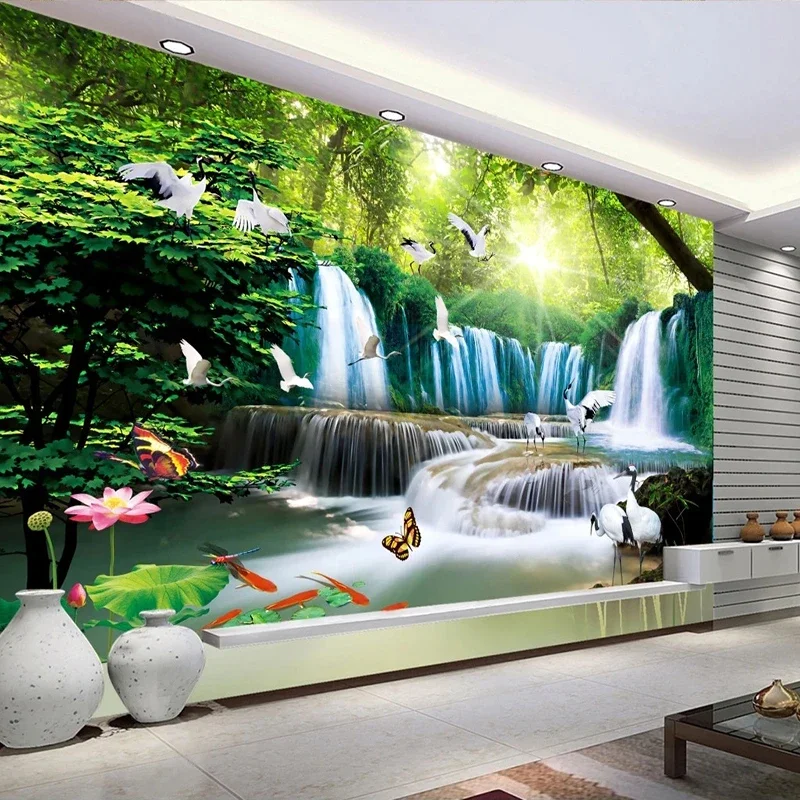 Custom 3D Photo Wallpaper Nature Landscape Lotus Waterfall Wall Mural Living Room House Decoration Papel De Parede 3D Paisagem