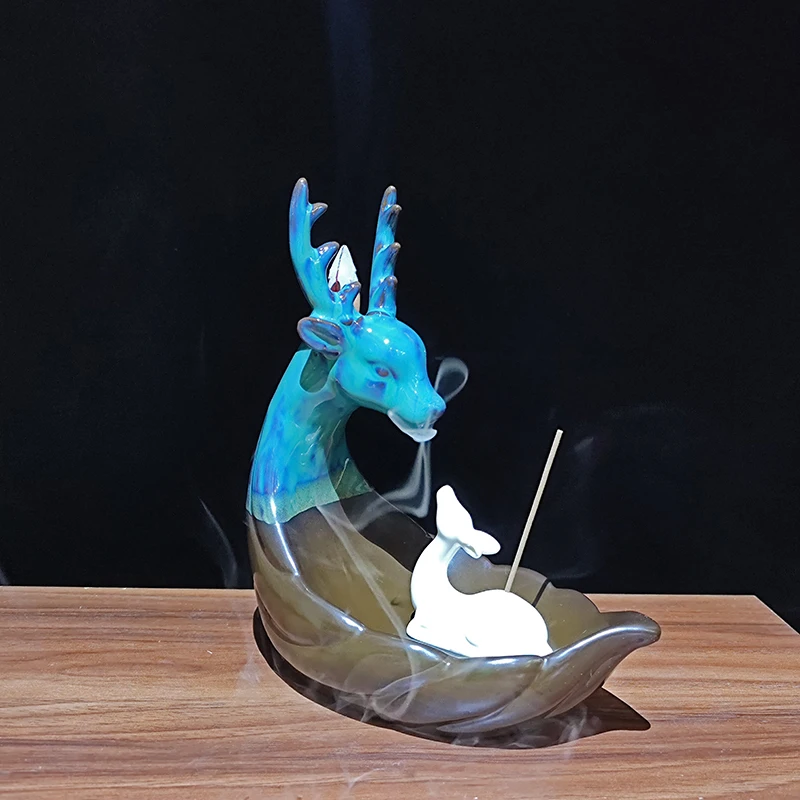 FY Nordic Style Lovely Double Deer Backflow Incense Burner Ceramic White Sage Meditation Incense Sticks Holder for Home Decor