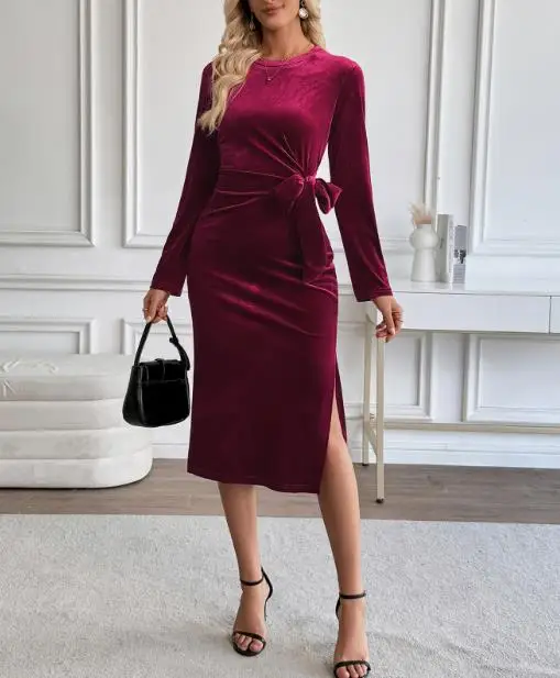 

Autumn High-End Elegant Dating Long Sleeved Tight Fitting Dress for Women's Temperament, Velvet Texture Wrapped Hip Dress
