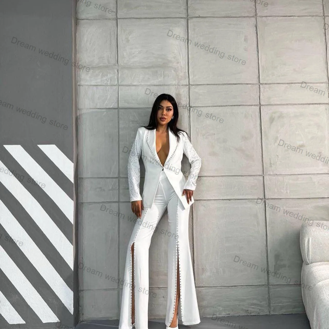 Crystals Black Women Suits Pants Set 2 Piece Blazer+Split Trousers Wedding Tuxedo Tailored Size Formal Office Prom Jacket Coat