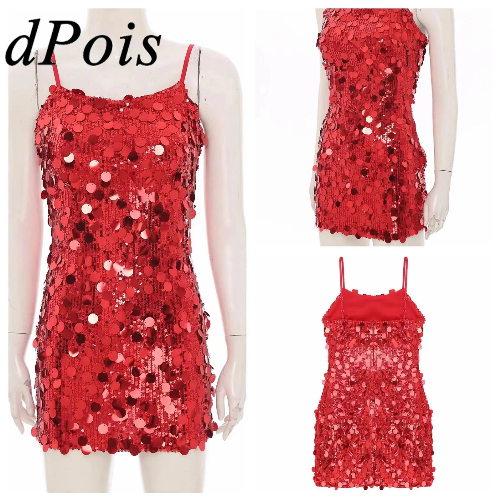 Women Fashion Sequins Camis Dress Spaghetti Straps Sparkle Clubbing Dress Sleeveless Mini Dress Cocktail Party Club Vestidos