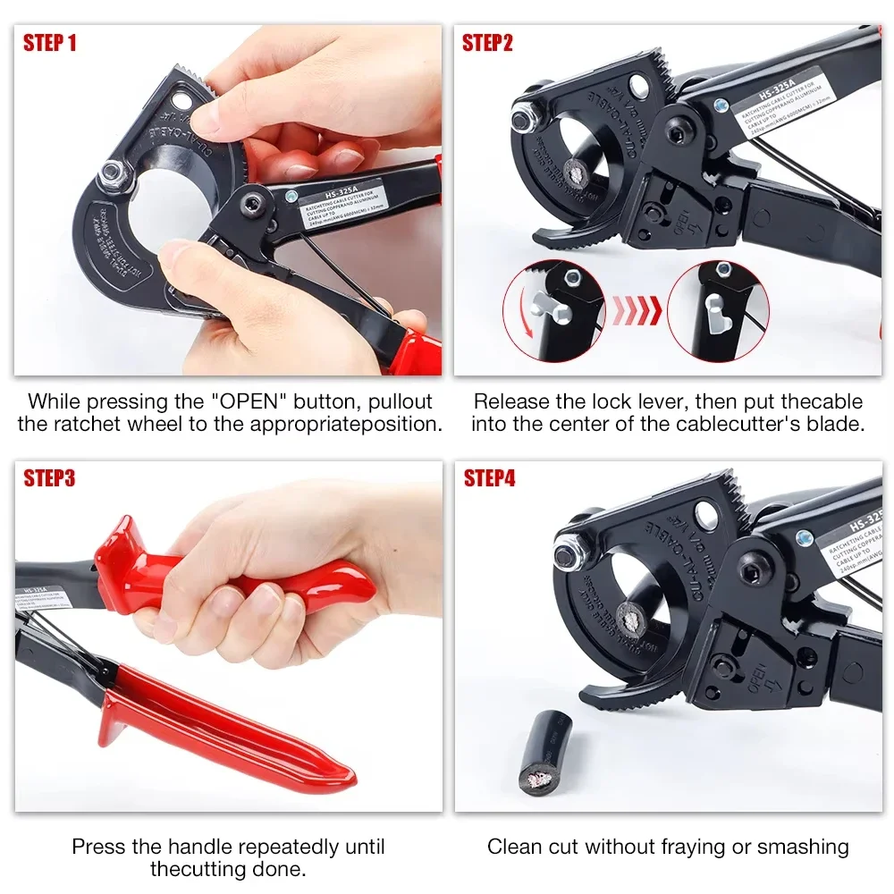 Obcinak do kabli z grzechotką 1-1/4\" Zakres cięcia 0-240mm² 32mm Nadaje się do cięcia pojedynczych, wielożyłowych kabli miedzianych i aluminiowych