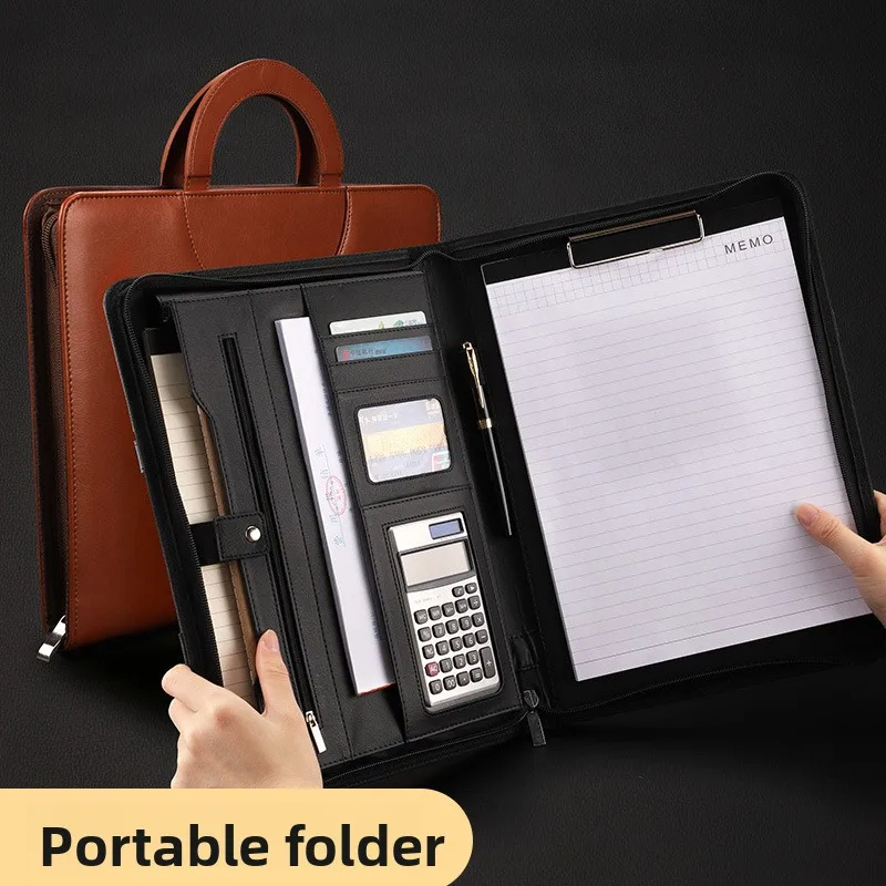 A4 PU Leather Business Folder with Zipper and Metal Clip, Multi Functional Document Organizer Portfolio with Notepad and