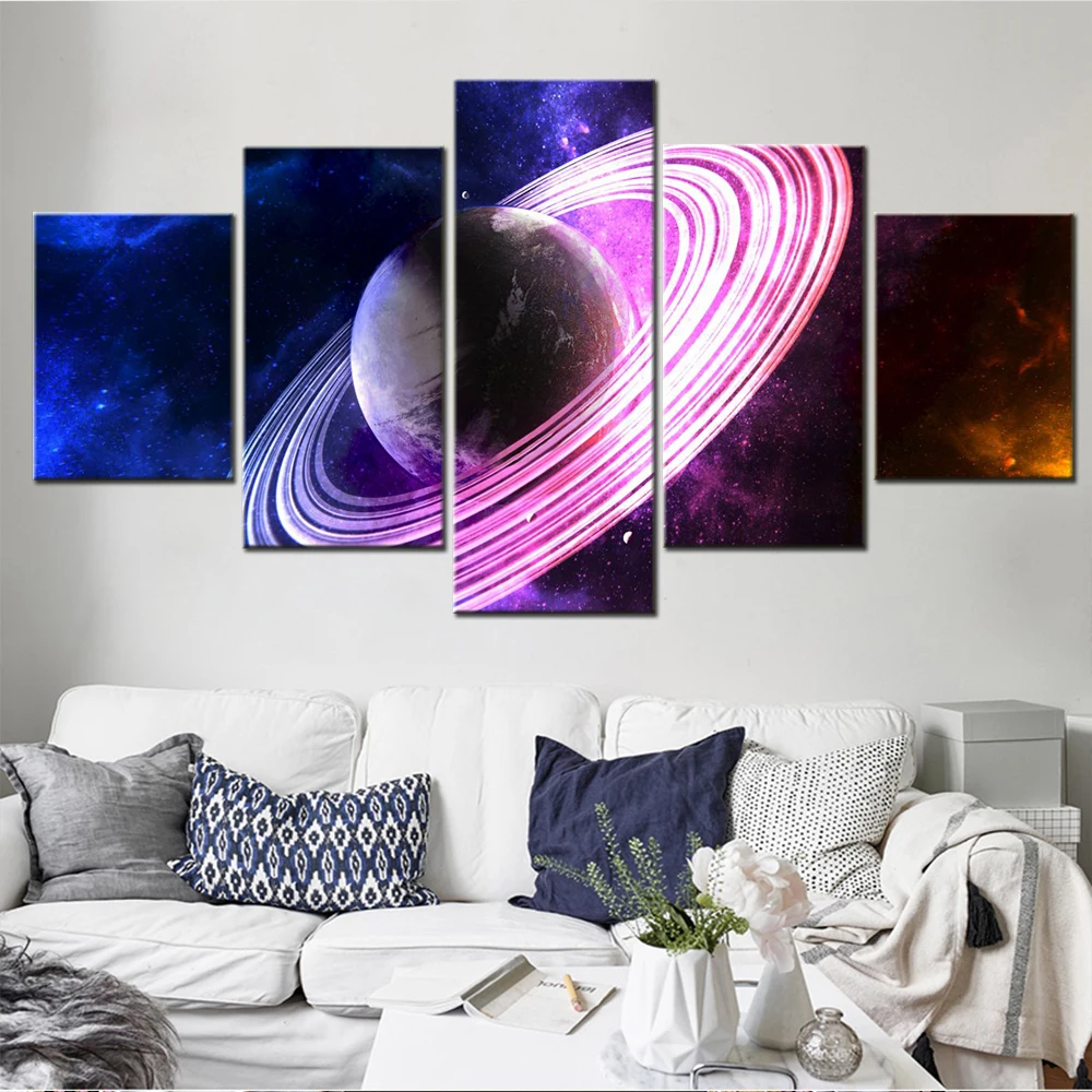 

5 Pieces Wall Arts Canvas Painting Landscape Space Saturn Poster And Picture Print Modular Wallpaper Home Decor For Living Room