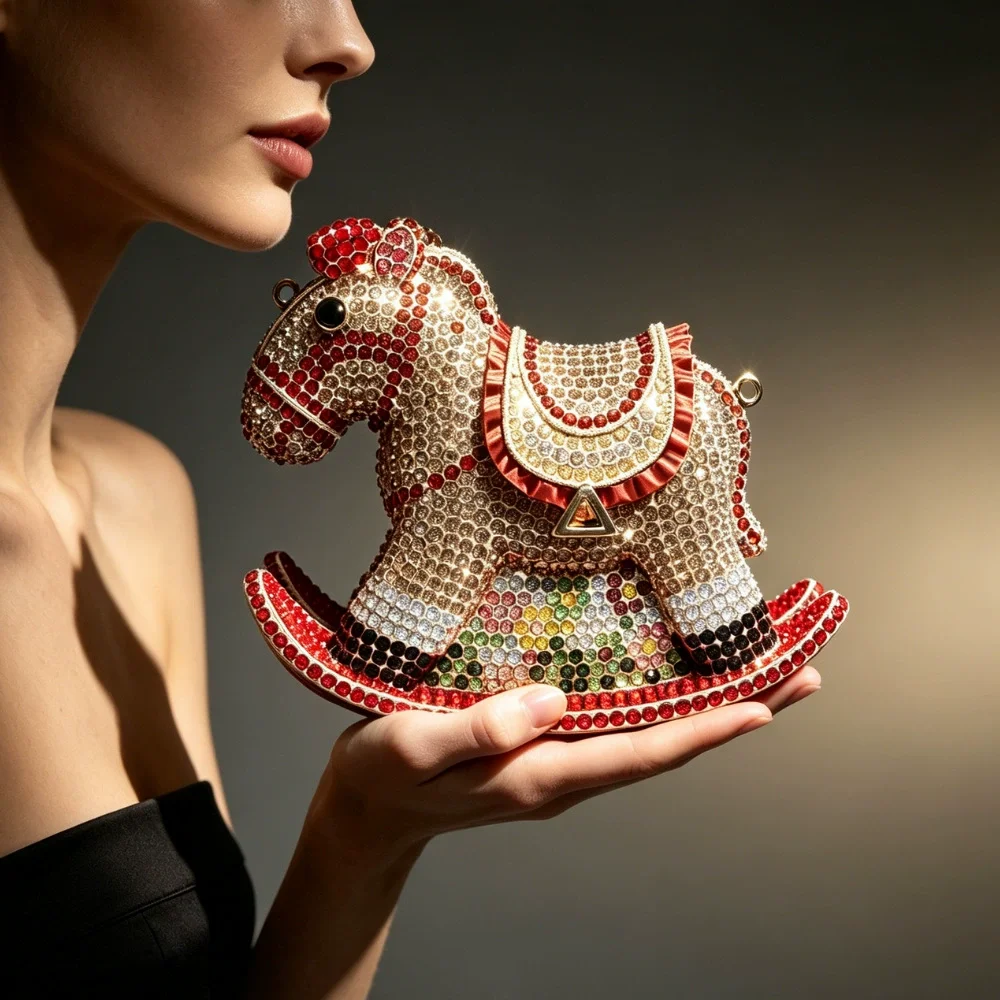 New Ins Ladies' Rocking Horse Shape Diamond-encrusted Evening Bag Mini Wallet Banquets Parties Diamond Clutch Bag for Women