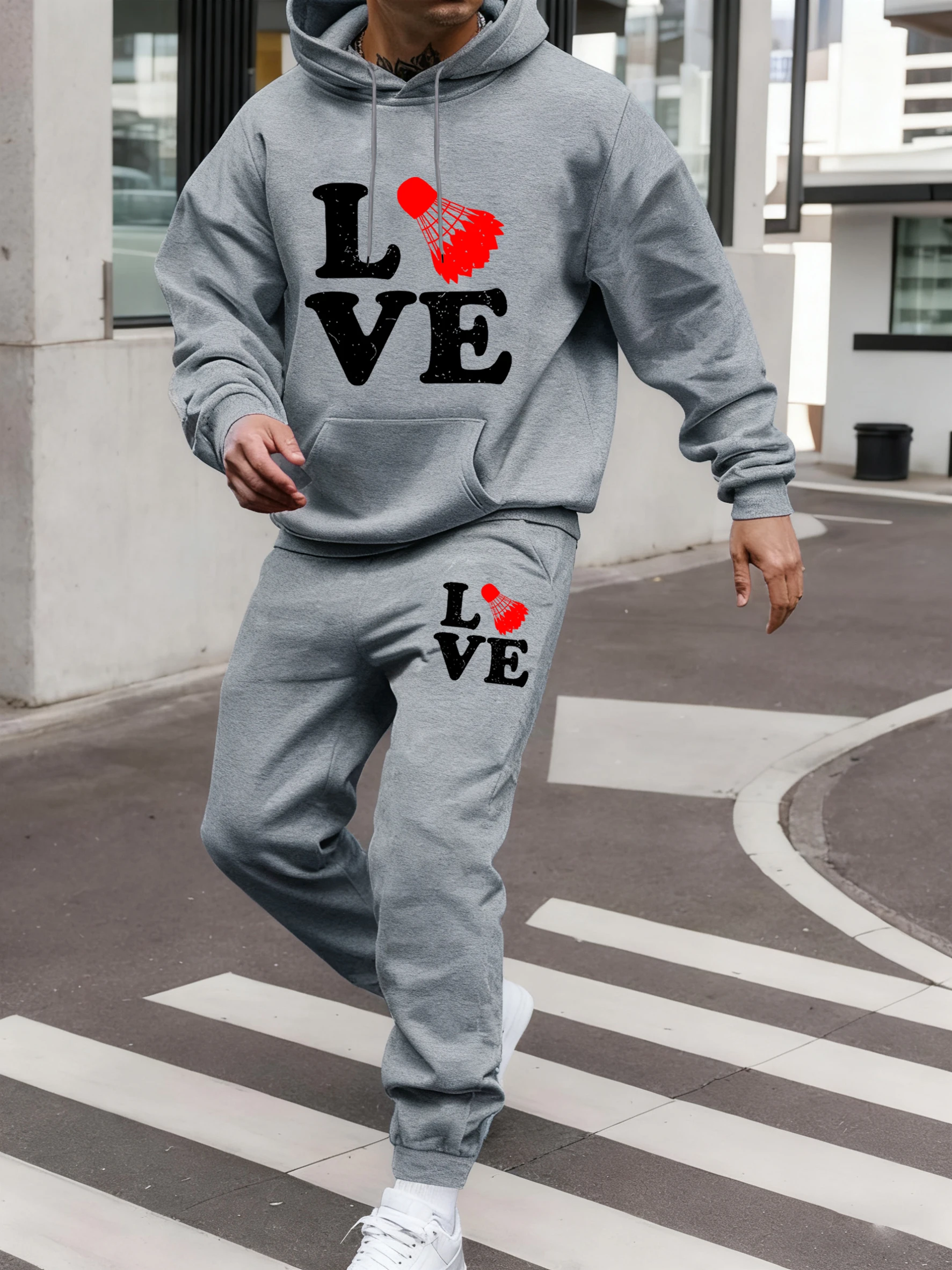 

I Like Badminton Prints Comfy Hoody Suit Men Sport Casual Pullover Fleece All-Match Jogging Pants Autumn Soft Clothes Men'S Sets