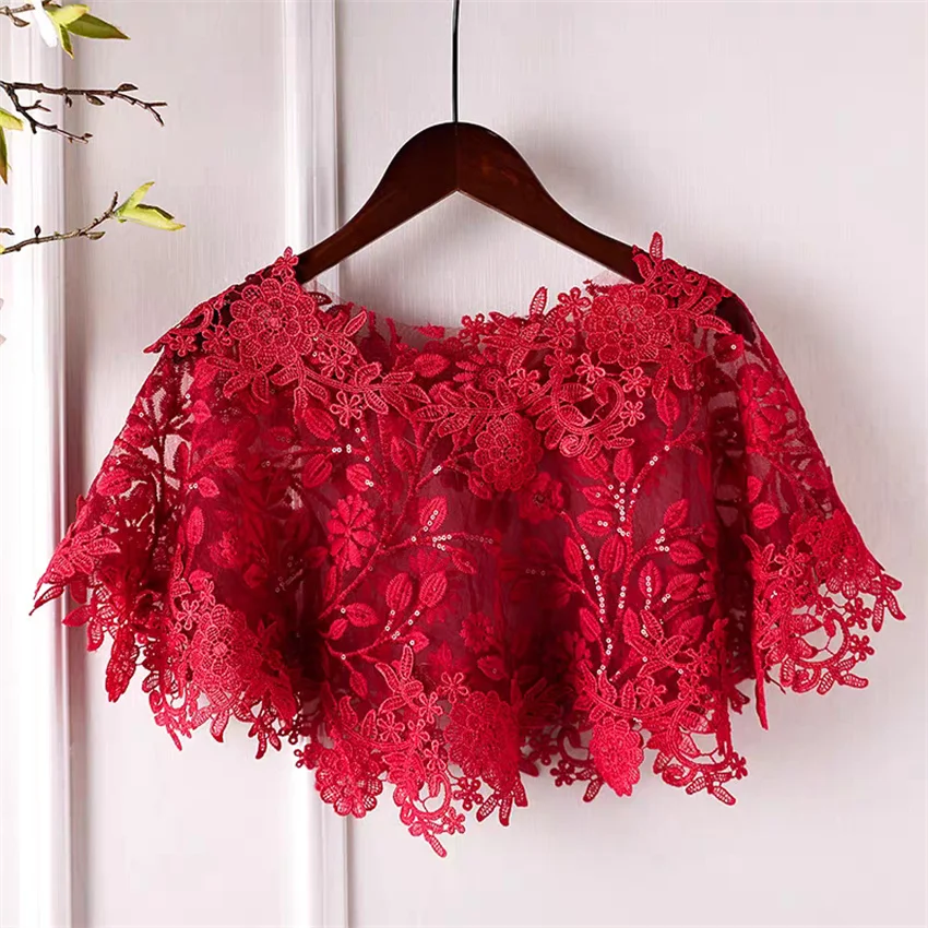 

New Elegant Women Lace Sequined Shawl Capes Bridal Wine Red Wrap Bolero Accessories Coat Loose Cloak Waistcoat Wedding Tops 2451