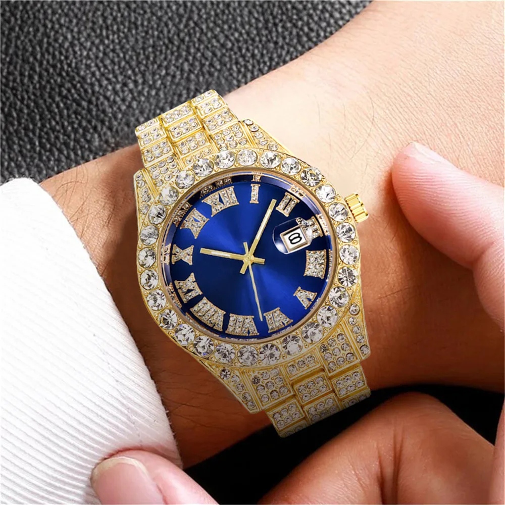 Fashion Business Diamond-Studded Men's And Women's Watches Roman Scale Calendar Hip Hop Watch Gold Green Full Diamond Watch