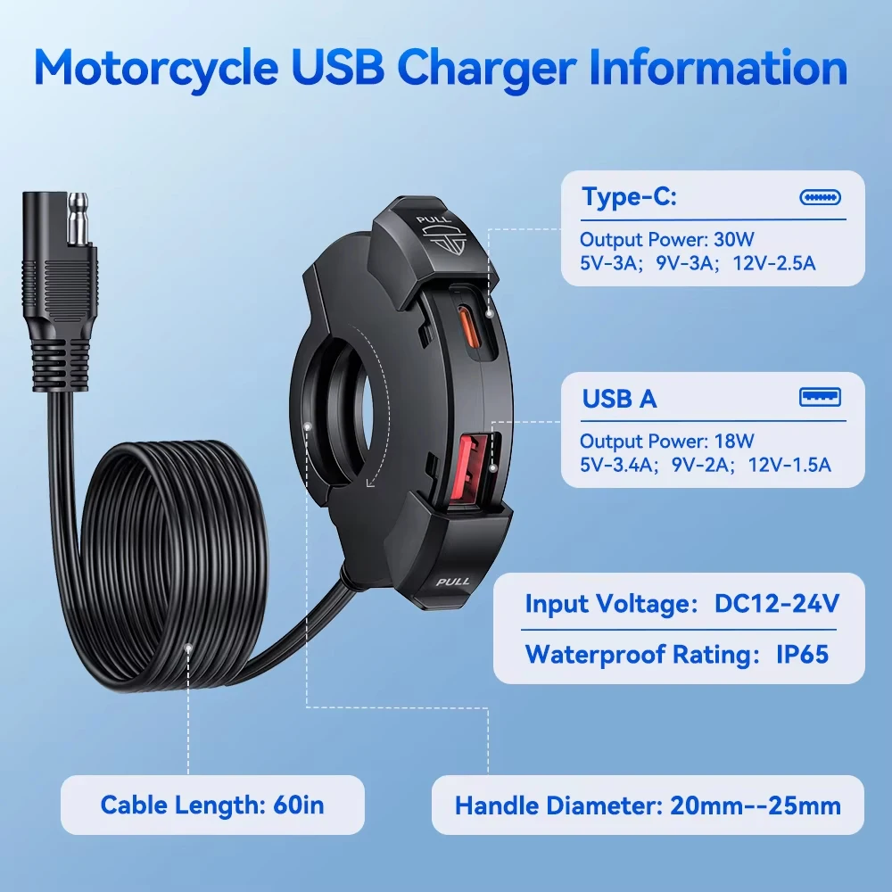 Awapow New Motorcycle USB Charger 48W QC3.0 PD Power Adapter Universal Waterproof Handlebar Mounted Bracket Camera Phone Charger