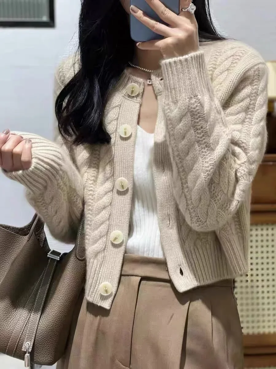 

Pop Thick Pure100% Pure Cashmere Cardigan Women's Round Neck Beige Twist Loose Lazy Lazy Short Wool Knit Sweater Coat