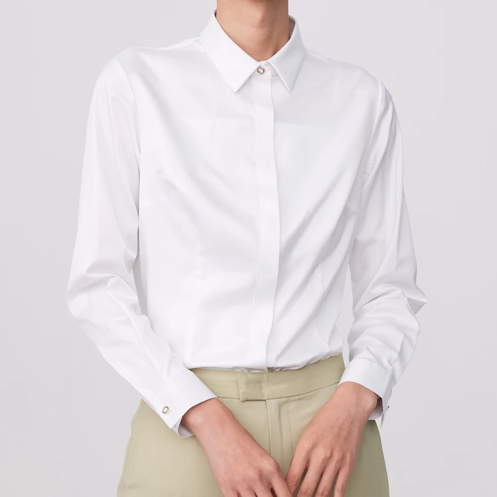 

Women's Office Lady Non-iron Silk Touch Long Sleeve Shirt Without Pocket Hidden Buttons Placket Slim-fit Versatile Female Shirts