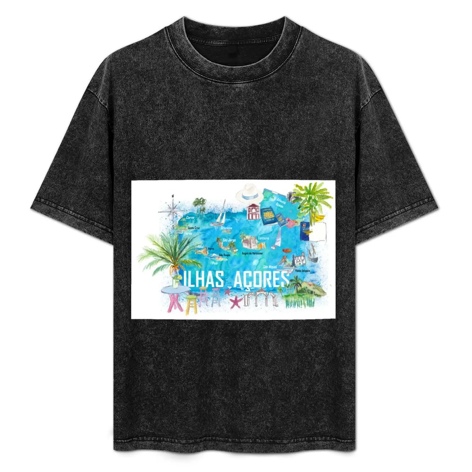 Azores Islands Portugal Illustrated Travel Map with Tourist Highlights T-Shirt baggy shirts mens workout shirts