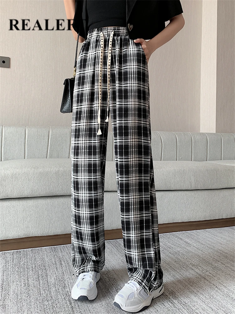 

REALEFT Summer Plaid Wide Leg Women's Pants 2022 New Vintage High Waist Casual Loose Lace Up Long Trouses Female