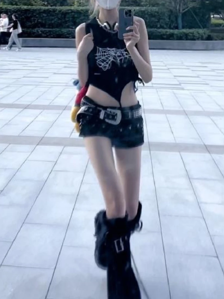 Hotsweet-Pantaloncini jeans attillati Y2K da donna, pantaloncini neri a vita alta anni 2000, casual, sexy, stile street Harajuku