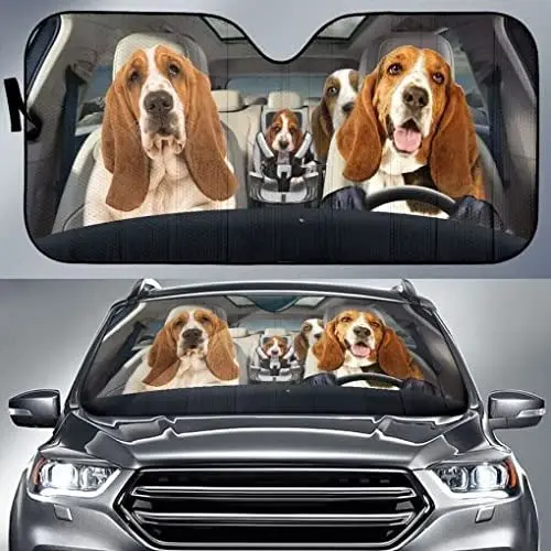 

Four Basset Hounds Family Driving Car Sunshade for Dog Lovers, Basset Hound Family Sunshade for Car Windshield, Uv Protector Fro