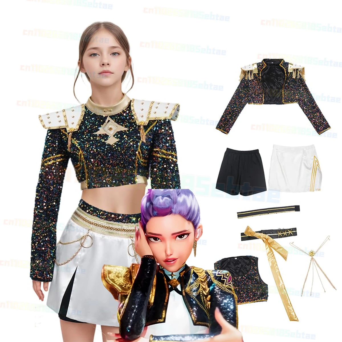 

KPop Girls Demon Hunters Cosplay Rumi Zoey Mira Costume Wig Kids Black Golden Cool Suit Halloween Party Role Playing Outfit