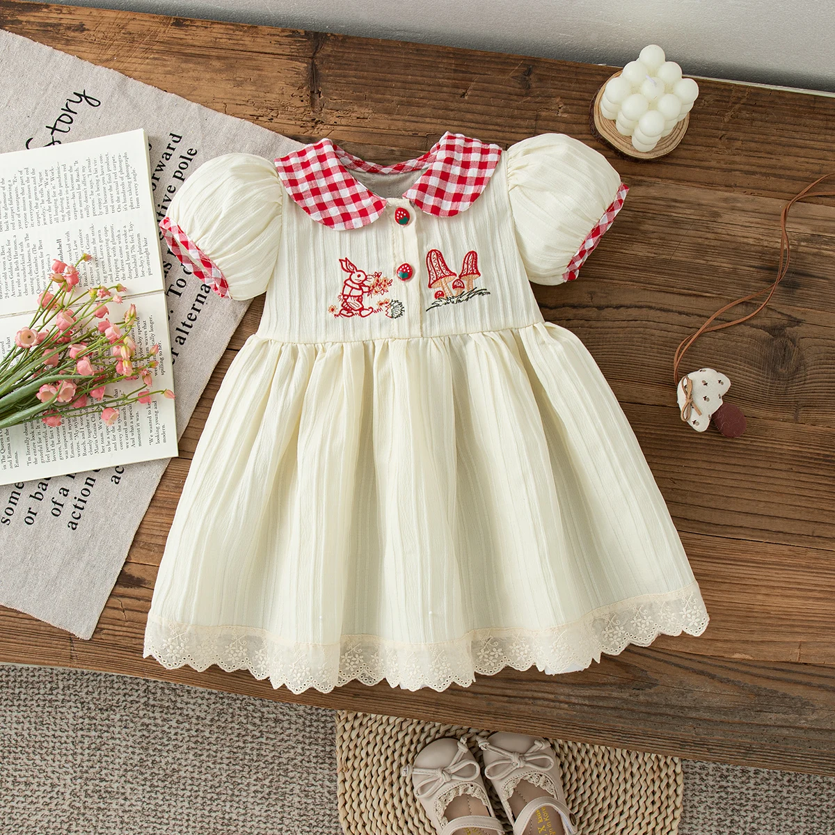 

Summer Baby Clothes Lovely Doll Collar Puff Sleeves Toddler Girl Dress Red Checkered Cute Bunny Embroider Dress for Baby Girl
