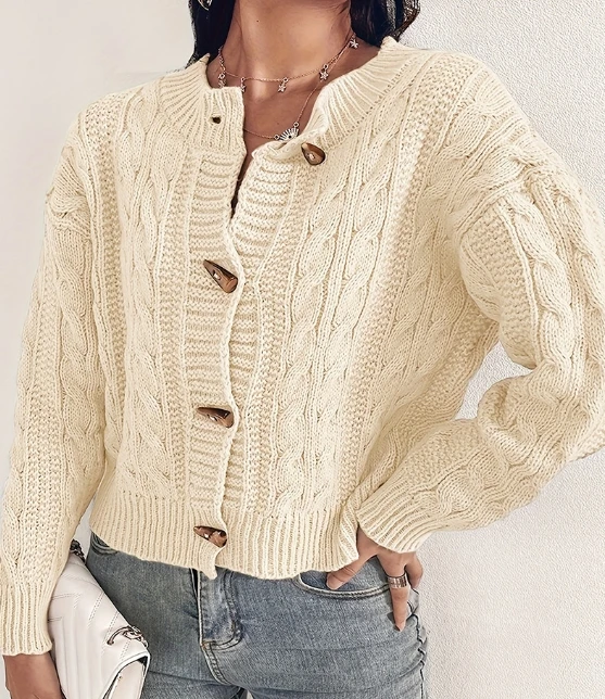 Women\'s Versatile Autumn and Winter Sweater 2024 Commuting Round Neck Cardigan Retro Ribbed Long Sleeved Sheep Horn Button Top