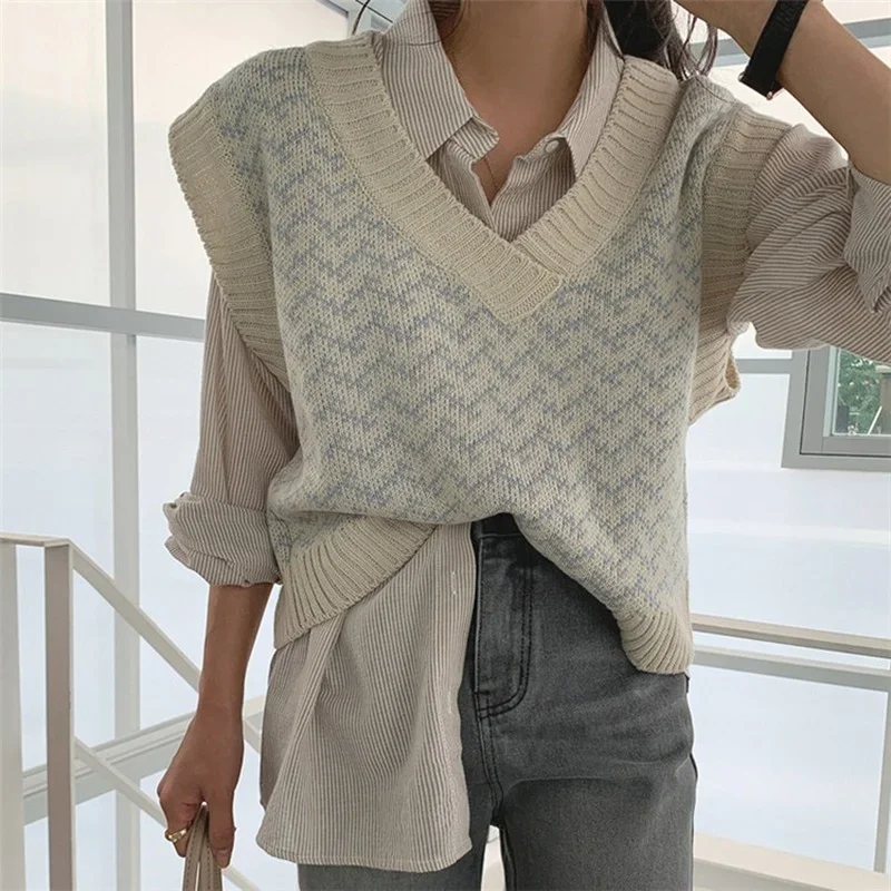 Women Plaid Vintage Sweater Pullover Sleeveless Vest 2021 New Winter Spring Waistcoat Korean Oversized Checkered Knitwear Female