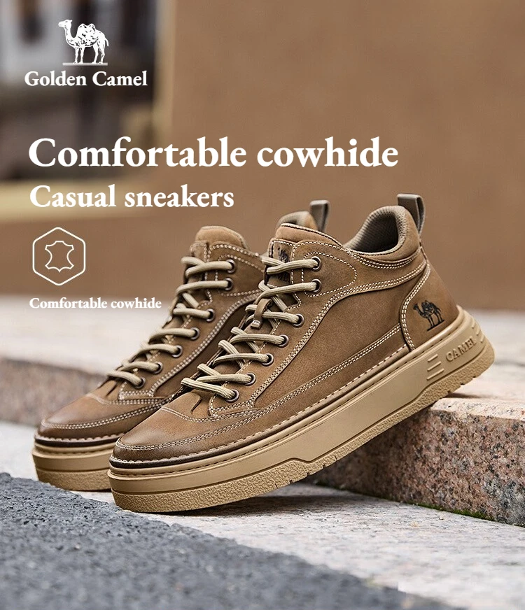 Golden Camel Men's Genuine Leather Shoes 2026 Autumn Hiking Thick Soled Waterproof Board Shoes High Top Comfortable Man Boots
