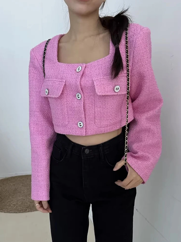 

Korea Chic Spring Autumn Retro Age-reducing Square Collar Chic Button Loose All-match Short Long Sleeve Small Fragrance Coat