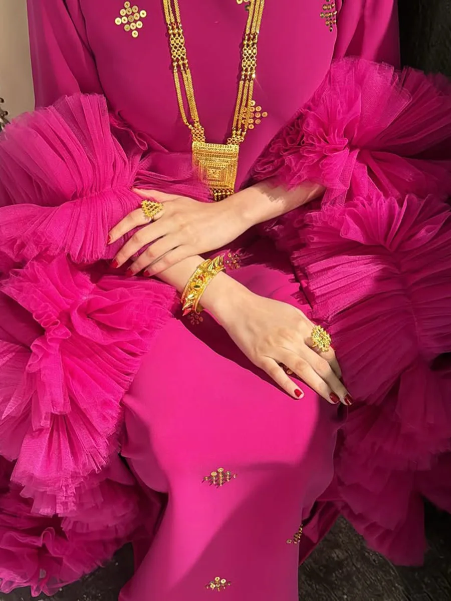 Vgh lantejoulas emendadas chique vestidos longos de noite para mulheres gola manga alargamento retalhos em camadas malha cerimônia vestido feminino