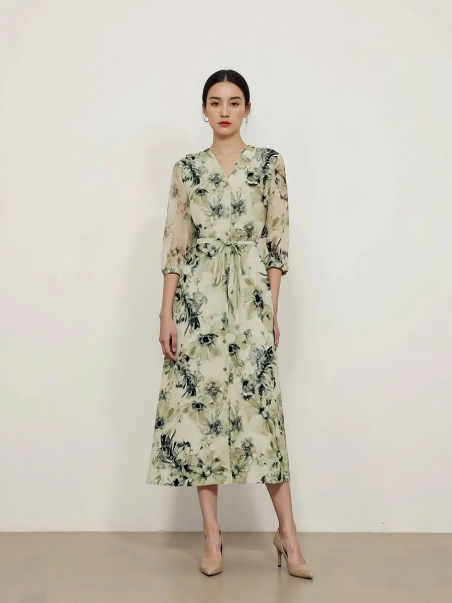 

Women Clothing Dresses 100% Mulberry Silk Dress Printed V Neck Drawstring Cinched Waist Long Dress Elegant Resort Dress