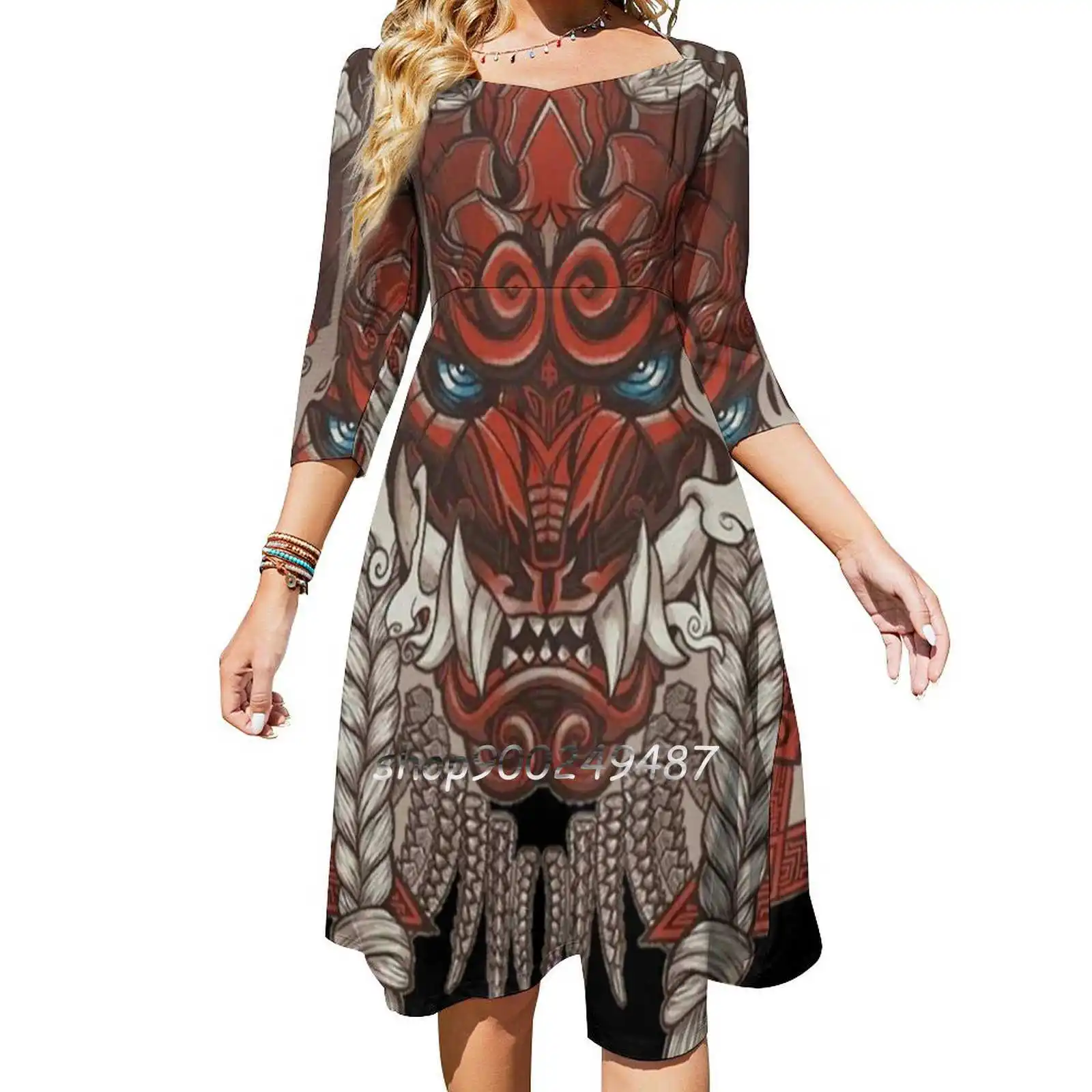 Oni Mask Japanese Culture Art M Byte Square Neck Dress Cute Loose Print Dresses Elegant Beach Party Dress Oni Demon Japan