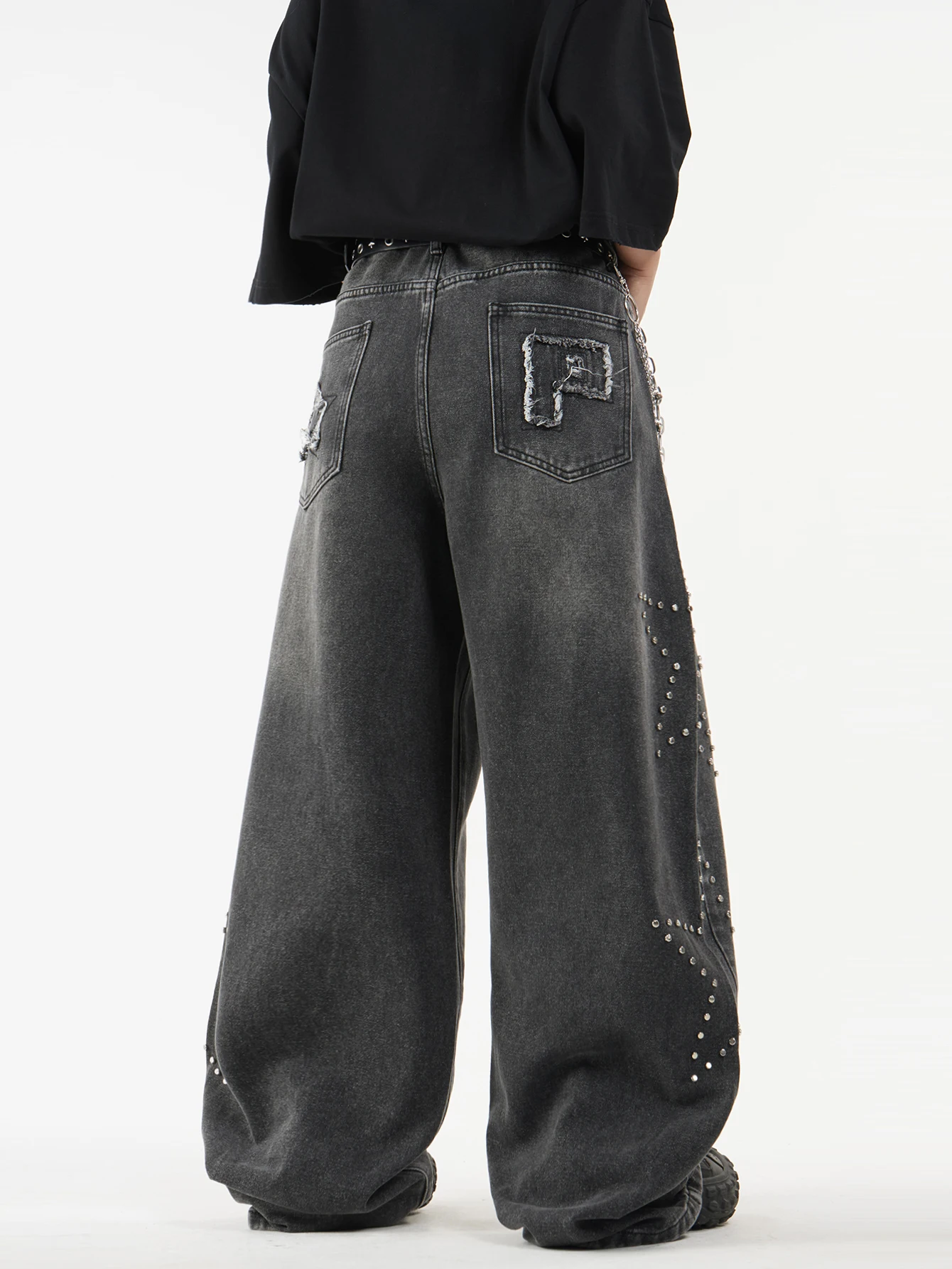 Men's Wide-Leg Jeans Stylish Versatile Long Trousers Featuring Beaded Star Pattern And Frayed Edges Embroidery,No Accessories