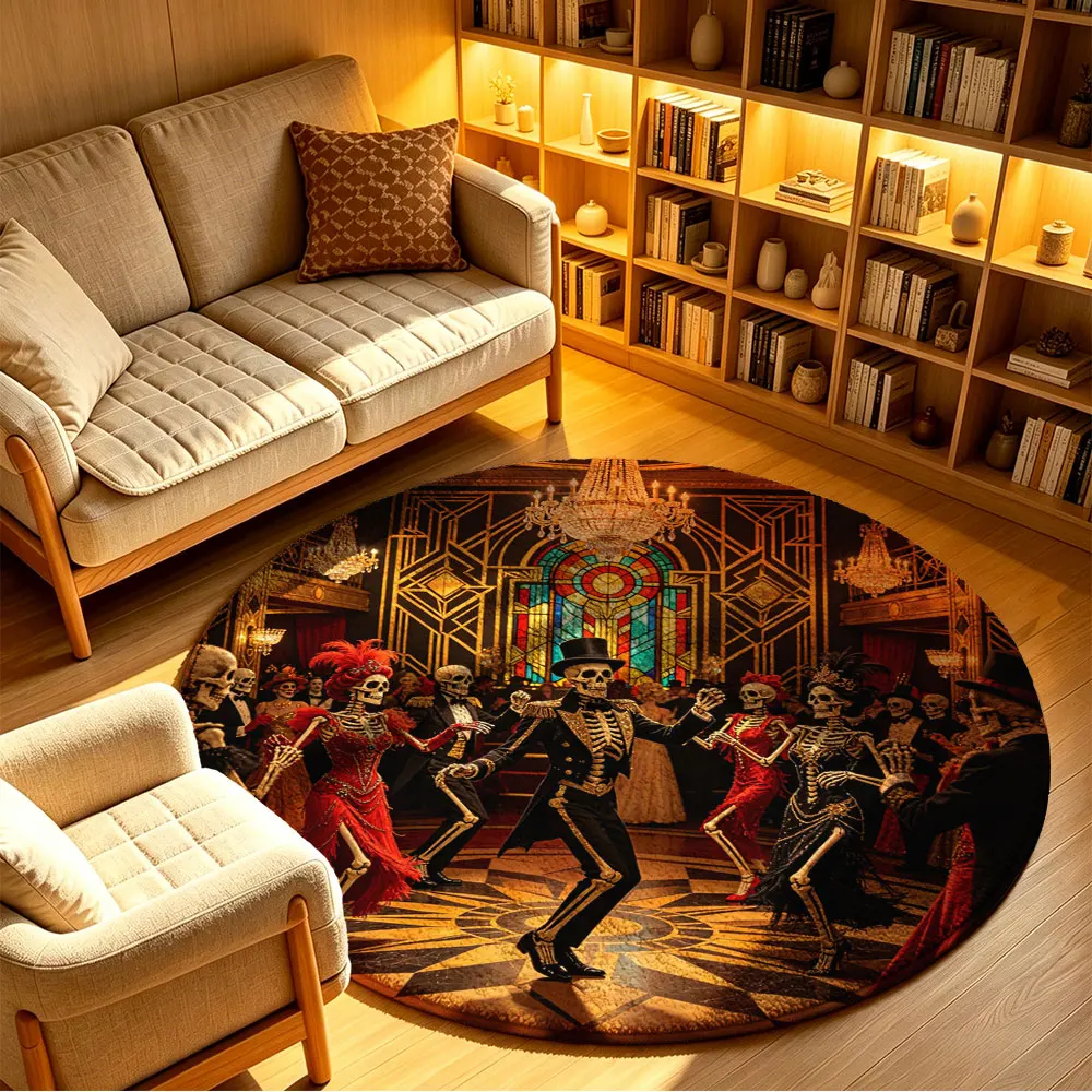 1 piece round floor mat with a skeleton-themed dance party scene decoration painting, soft and can be machine-washed