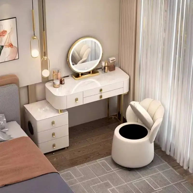 

Lamp European Makeup Vanity Desk Luxury Glass White Vintage Makeup Vanity Desk Mirror Modern Kaptafel Furnitures For Bedroom