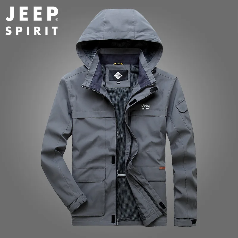 Jeep spirit men jacket primavera outono nova casual solto ajuste blusão com capuz roupas à prova de vento destacável chapéu casaco