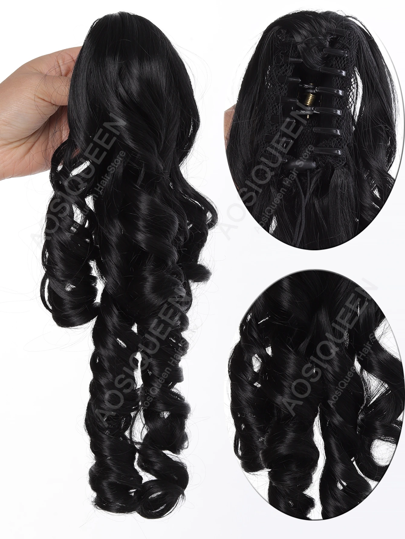 Synthetic 40cm Black Blonde Curly Clip In Hair Extensions Pieces Double Ponytail Suitable For Pairing With Lolita Short Hair