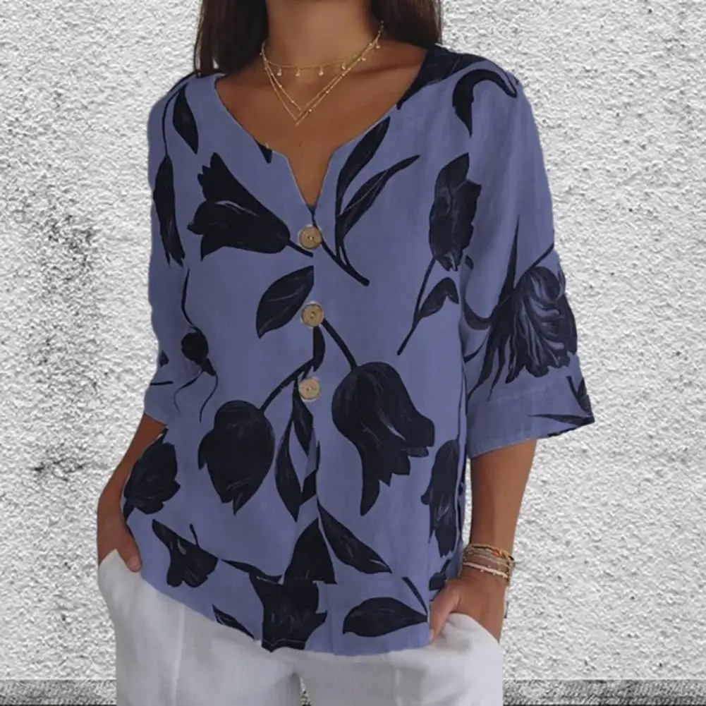 Women Spring Summer Shirt V Neck Single-breasted Contrast Color Leaf Printed Three Quarter Sleeve Loose Retro Thin Lady Blouse