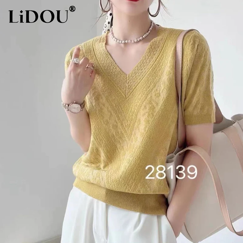 

Summer New Solid Color Elegant V-neck Short Sleeve Knitting T-Shirts Women Fashion Jacquard Weave French Style Pullovers Tees