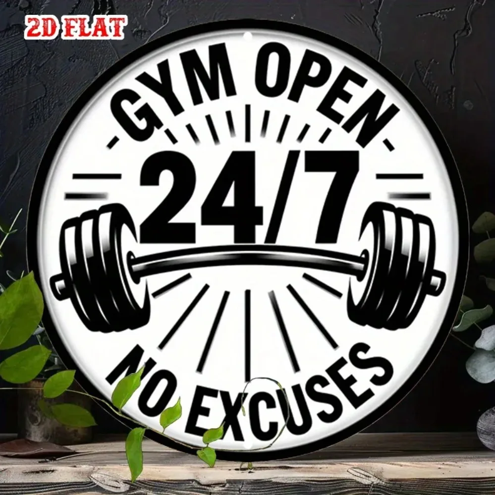 Gym Open 24H No Excuses Aluminum Metal Sign, Rustic Motivational Fitness Wall Art for Indoor Decor