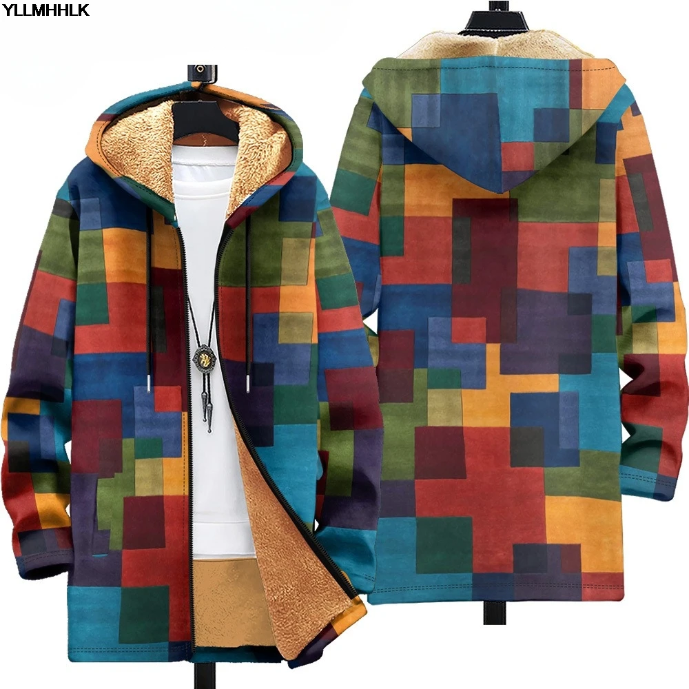 3D Men Cardigans Coats Geometric Stripe Square Print Plush Thick Winter Abstract Art Graphics Jackets Casual Streetwear Clothing